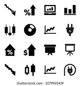 Flat vector icon set - presentation vector, graph, pie, japanese candle, laptop, crisis, percent growth, dollar, board, power plug
