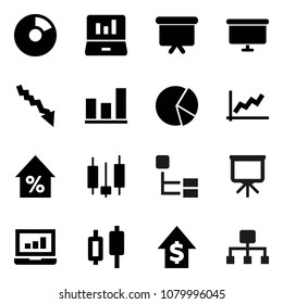 Flat vector icon set - presentation vector, graph, pie, Japanese candle, laptop, crisis, percent growth, dollar, board, hierarchy
