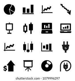Flat vector icon set - presentation vector, graph, pie, Japanese candle, laptop, crisis, dollar growth, power plug