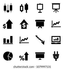 Flat vector icon set - presentation vector, graph, pie, japanese candle, laptop, crisis, percent growth, dollar, board, power plug