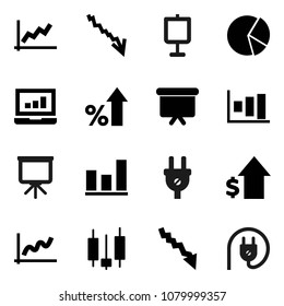 Flat vector icon set - presentation vector, graph, pie, Japanese candle, laptop, crisis, percent growth, dollar, board, power plug