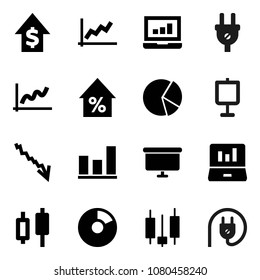Flat vector icon set - presentation vector, graph, pie, japanese candle, laptop, crisis, percent growth, dollar, board, power plug