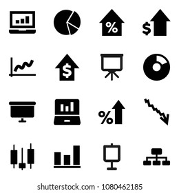 Flat vector icon set - presentation vector, graph, pie, japanese candle, laptop, crisis, percent growth, dollar, board, hierarchy