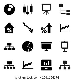 Flat vector icon set - presentation vector, graph, pie, japanese candle, laptop, crisis, percent growth, board, hierarchy