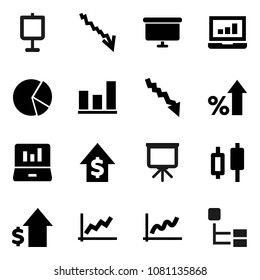 Flat vector icon set - presentation vector, graph, pie, japanese candle, laptop, crisis, percent growth, dollar, board, hierarchy