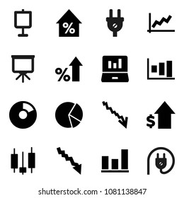 Flat vector icon set - presentation vector, graph, pie, japanese candle, laptop, crisis, percent growth, dollar, power plug