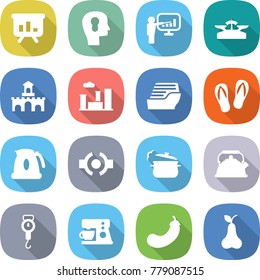 flat vector icon set - presentation vector, bulb head, scales, fort, city, cruise ship, flip flops, kettle, connect, steam pan, handle, coffee maker, eggplant, pear