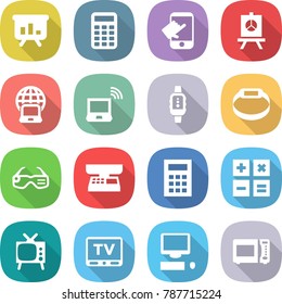 flat vector icon set - presentation vector, calculator, touch, notebook globe, wireless, smart watch, bracelet, glasses, market scales, tv, computer, microwave oven