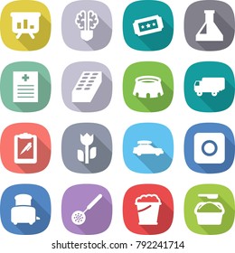 flat vector icon set - presentation vector, bulb brain, ticket, flask, recipe, brick, stadium, shipping, clipboard pen, perishable, car baggage, ring button, toaster, skimmer, foam bucket