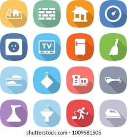 flat vector icon set - project vector, brick wall, home, barometer, power socket, tv, fridge, broom, slippers, rag, food processor, blower, plunger, water tap sink, vacuum cleaner, iron