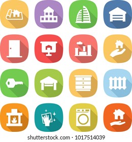 flat vector icon set - project vector, cottage, skyscraper, garage, door, presentation, city, real estate, key, chest of drawers, radiator, fireplace, wiping, washing machine, housing