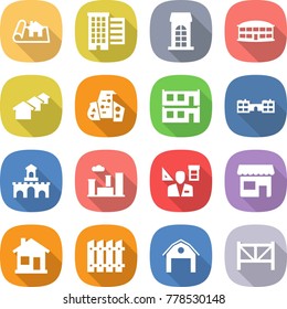 flat vector icon set - project vector, houses, building, airport, modern architecture, modular house, school, fort, city, architector, shop, home, fence, barn, farm