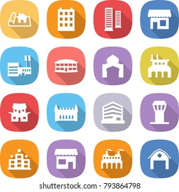 flat vector icon set - project vector, building, skyscrapers, shop, mall, airport, minaret, factory, japanese house, gothic architecture, office, tower, hotel, barn