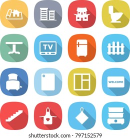 flat vector icon set - project vector, district, japanese house, toilet, table, tv, fridge, fence, toaster, cutting board, window, welcome mat, stairs, apron, rag, double boiler