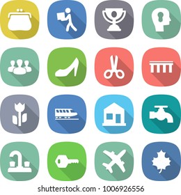 flat vector icon set - purse vector, courier, trophy, bulb head, group, shoes, scissors, bridge, perishable, train, home, water tap, key, plane, maple leaf