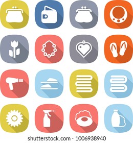 flat vector icon set - purse vector, wallet, necklace, perishable, hawaiian wreath, heart pendant, flip flops, hair dryer, slippers, towels, towel, flower, sprayer, soap, shampoo