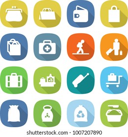 flat vector icon set - purse vector, shopping bag, wallet, doctor case, tourist, passenger, suitcase, baggage checking, trolley, flour, fertilizer, garbage, washing powder