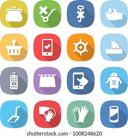 flat vector icon set - purse vector, do not trolley sign, hook, acid, basket, mobile checking, handwheel, shark flipper, remote control, curtain, touchscreen, robot, scoop, wiping, gloves