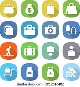 flat vector icon set - purse vector, money bag, shopping, doctor, case, dropper, tourist, suitcase, baggage get, trolley, flour, fertilizer, construct garbage