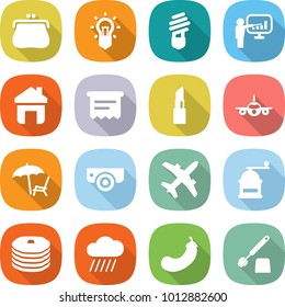 flat vector icon set - purse vector, bulb, presentation, home, atm receipt, lipstick, plane, lounger, surveillance camera, hand mill, pancakes, rain cloud, eggplant, toilet brush
