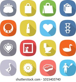 flat vector icon set - purse vector, shopping bag, necklace, lipstick, heart, traffic light, pendant, flower in window, toilet, goose, sponge with foam, woman duster