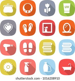 flat vector icon set - purse vector, necklace, perishable, uv cream, heart pendant, flip flops, flower in window, mirror, hair dryer, slippers, towels, towel, sprayer, shampoo, bath