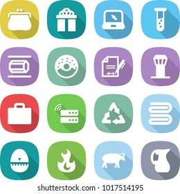 flat vector icon set - purse vector, gift, notebook, vial, nano tube, donut, inventory, airport tower, suitcase, server, recycle, towel, egg timer, fire, sheep, jug