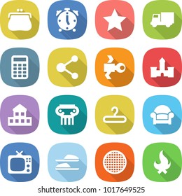 flat vector icon set - purse vector, alarm clock, star, truck, calculator, molecule, satellite, castle, cottage, antique column, hanger, armchair, tv, slippers, sieve, fire