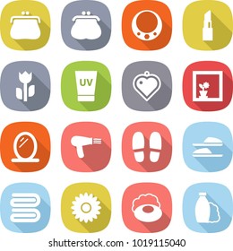 flat vector icon set - purse vector, necklace, lipstick, perishable, uv cream, heart pendant, flower in window, mirror, hair dryer, slippers, towel, soap, shampoo