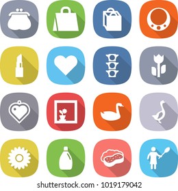 flat vector icon set - purse vector, shopping bag, necklace, lipstick, heart, traffic light, perishable, pendant, flower in window, goose, cleanser, sponge with foam, woman duster