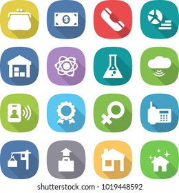 flat vector icon set - purse vector, money, phone, diagram, warehouse, atom, flask, cloud wireless, pass card, medal, female sign, loading, baggage, house, cleaning