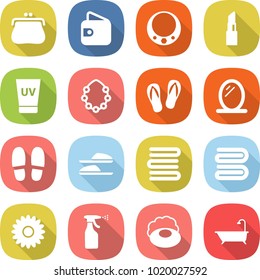 flat vector icon set - purse vector, wallet, necklace, lipstick, uv cream, hawaiian wreath, flip flops, mirror, slippers, towels, towel, flower, sprayer, soap, bath