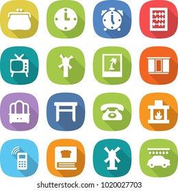 flat vector icon set - purse vector, clock, alarm, abacus, tv, windmill, photo, wardrobe, dresser, stool, phone, fireplace, mobile, cooking book, car wash