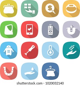 flat vector icon set - purse vector, gift, dollar arrow, smart bracelet, broken hand, mobile checking, remote control, electric magnet, robot, blender, thermometer, harvest, horseshoe, and drop