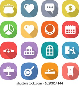 flat vector icon set - purse vector, heart, message, money, diagram, necklace, calendar, drawbridge, cottage, arch window, courier delivery, restaurant, pan, soil cutter, hive