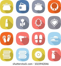 flat vector icon set - purse vector, wallet, necklace, lipstick, perishable, hawaiian wreath, heart pendant, flip flops, hair dryer, slippers, towels, towel, flower, sprayer