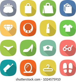 flat vector icon set - purse vector, shopping bag, diamond, necklace, lipstick, t shirt, underpants, shoes, medical hat, pacemaker, suitcase, mirror, hanger, slippers