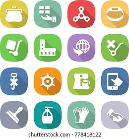 flat vector icon set - purse vector, gift, spinner, smart bracelet, cargo stoller, mansion, delivery, do not trolley sign, hook, handwheel, coffee maker, touchscreen, scraper, liquid soap, gloves