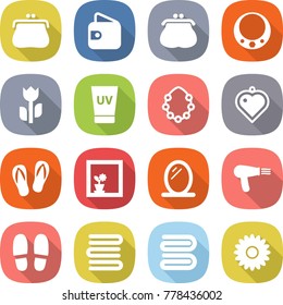 flat vector icon set - purse vector, wallet, necklace, perishable, uv cream, hawaiian wreath, heart pendant, flip flops, flower in window, mirror, hair dryer, slippers, towels, towel