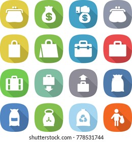 flat vector icon set - purse vector, money bag, gift, shopping, doctor, suitcase, baggage get, flour, fertilizer, garbage, trash
