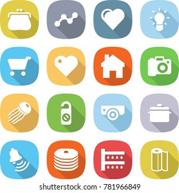 flat vector icon set - purse vector, graph, heart, bulb, cart, home, camera, jellyfish, do not distrub, surveillance, pan, bell, pancakes, watering, paper towel