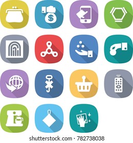 flat vector icon set - purse vector, money gift, touch, hex molecule, fingerprint, spinner, chemical industry, hand coin, delivery, do not hook sign, basket, remote control, coffee maker, rag