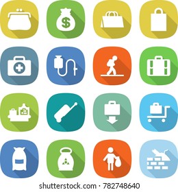 flat vector icon set - purse vector, money bag, shopping, doctor case, dropper, tourist, suitcase, baggage checking, get, trolley, flour, fertilizer, trash, construct garbage