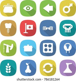 flat vector icon set - purse vector, eye, left arrow, male sign, tooth implant, medical flag, school, antique column, oil pump, pan, hob, sheep, spike, pear, reload, plunger