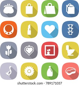 flat vector icon set - purse vector, shopping bag, necklace, lipstick, heart, traffic light, perishable, pendant, flower in window, toilet, goose, cleanser, sponge with foam