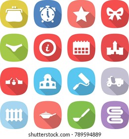 flat vector icon set - purse vector, alarm clock, star, bow, underpants, info, calendar, castle, drawbridge, mansion, repair, scooter shipping, radiator, pan, ladle, towel