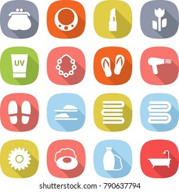 flat vector icon set - purse vector, necklace, lipstick, perishable, uv cream, hawaiian wreath, flip flops, hair dryer, slippers, towels, towel, flower, soap, shampoo, bath
