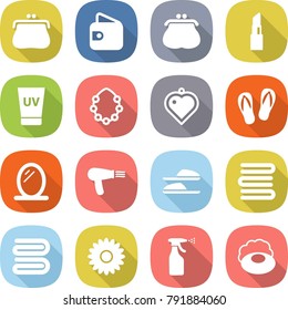 flat vector icon set - purse vector, wallet, lipstick, uv cream, hawaiian wreath, heart pendant, flip flops, mirror, hair dryer, slippers, towels, towel, flower, sprayer, soap