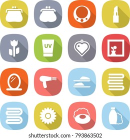 flat vector icon set - purse vector, necklace, lipstick, perishable, uv cream, heart pendant, flower in window, mirror, hair dryer, slippers, towels, towel, soap, shampoo