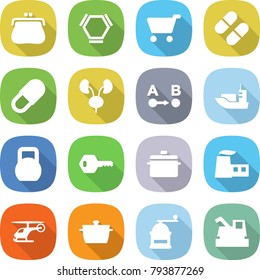 flat vector icon set - purse vector, hex molecule, cart, pill, kidneys, route a to b, sea shipping, heavy, key, pan, factory, helicopter, hand mill, harvester